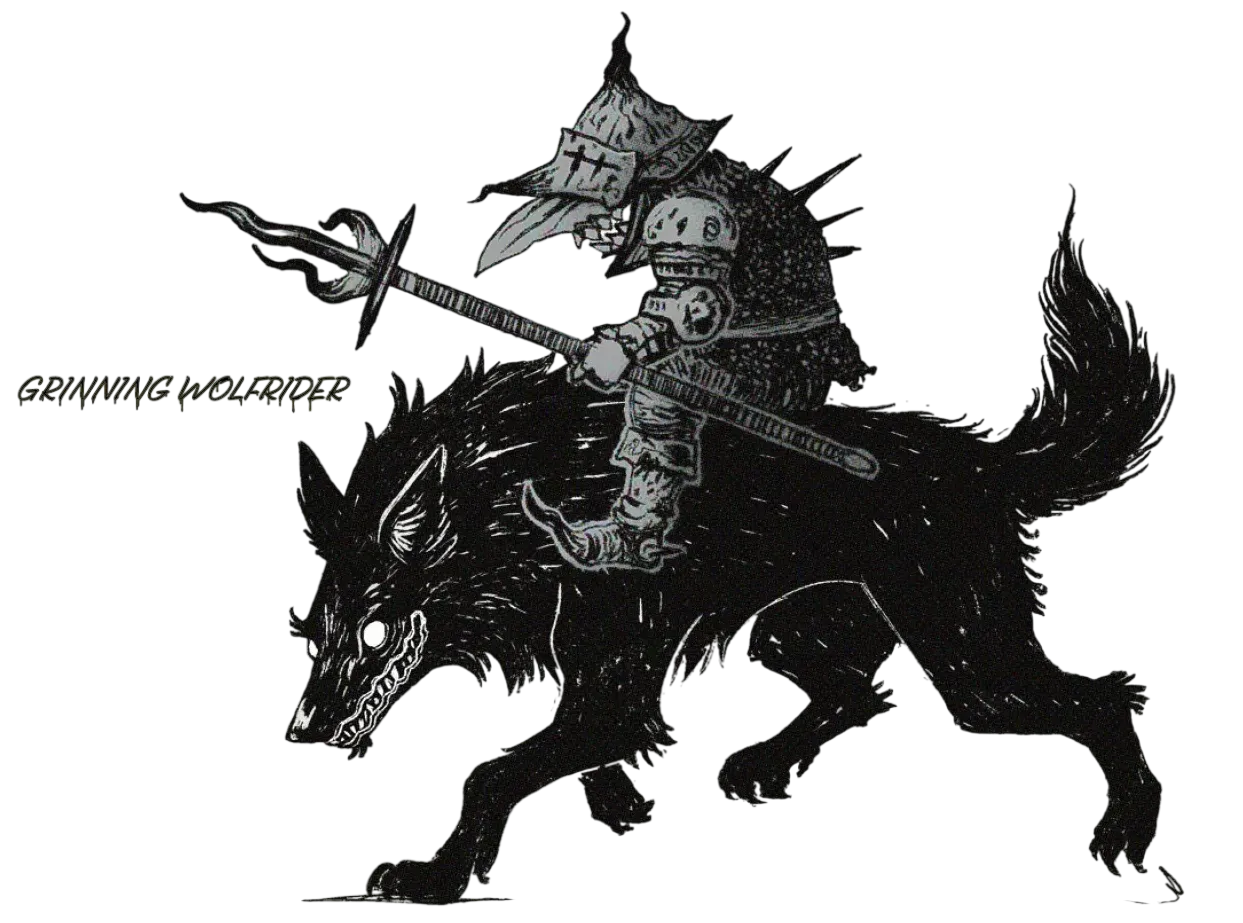 Black-and-white sketch of a grinning warhound and its armored rider